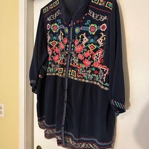 Johnny Was navy brightly embroidered 3/4 sleeve button-up tunic/shirt plus size